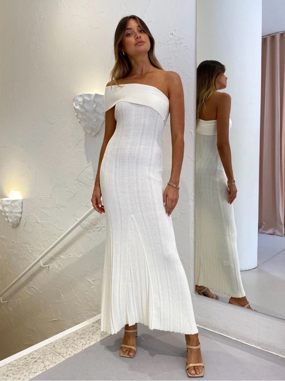 Anna Quan Brea One-Shoulder Ribbed Maxi Dress in Cream